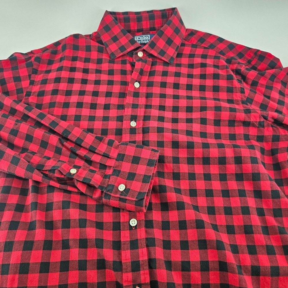 Polo Ralph Lauren Shirt Men Large Regent Classic Fit Red Black Plaid Button Down